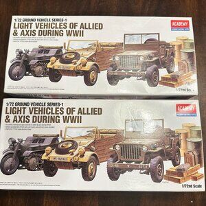 Two 1/72 Scale Academy Hobby Model Kits Light Vehicles Of Allied & Axis During W